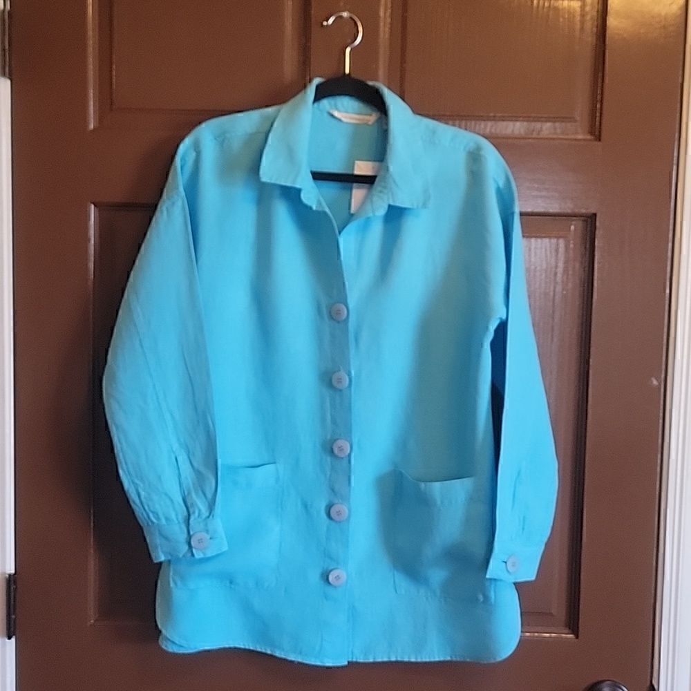 Soft Surroundings-Linen Aqua colored button down front shirt. Collared L. NWT